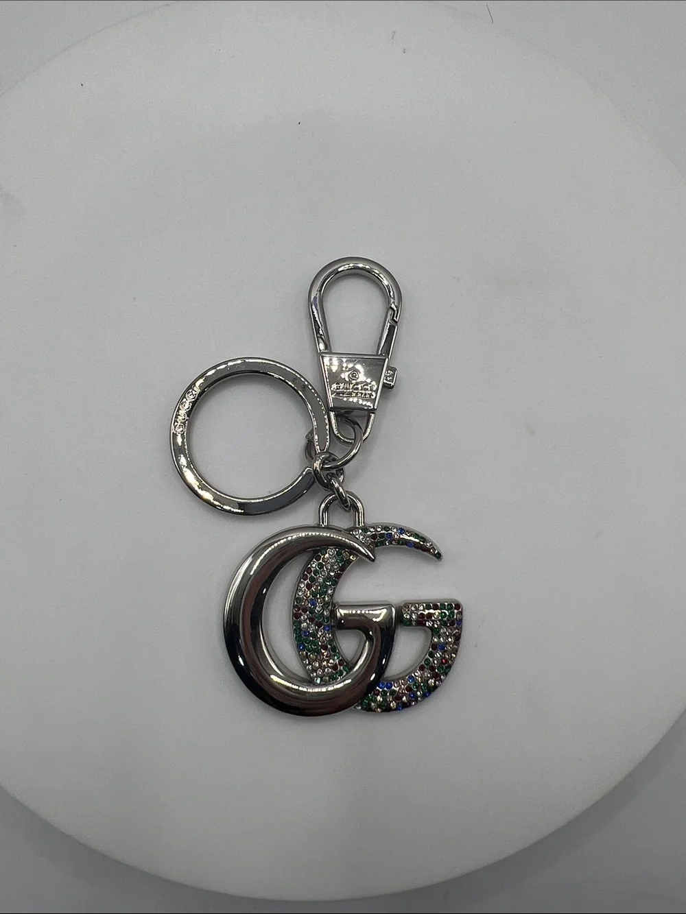 1497. Silver Plated Double G Keychain with Multicolor Stones
